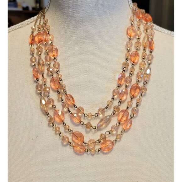 Multi-Strand Pink Peach Beaded Springtime Necklace Gold Tone Lobster Clasp - Picture 1 of 4